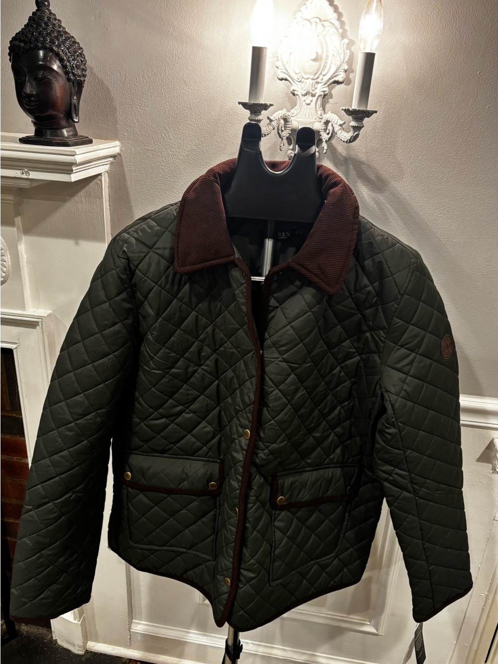 Ralph Lauren Quilted Olive Puffer Jacket with Brown Corduroy Collar